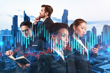 Group of business colleagues in suits as a part of multinational corporate team working on forecasting trading corporate strategy at fund. Forex chart. Bangkok on background. Double exposure