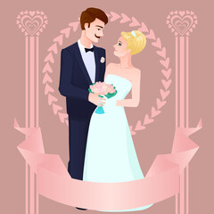 Wedding invitation with cartoon bride and groom, design template for invitation card, vector illustration