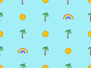 pattern summer vector illustration isolated on blue background. seamless flat summer season for backdrop, wallpaper, texture, decoration. flat sun, palm tree, rainbow icon for weather forecasting