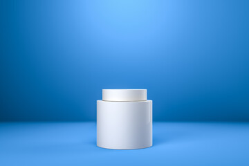 Round product display podium. Minimal white geometric shape stage scene on blue background. 3d rendering.