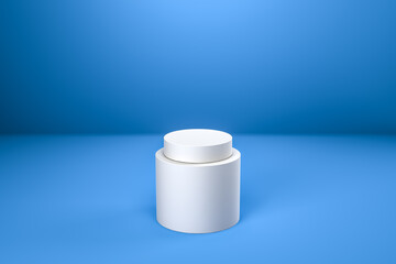 Round product display podium. Minimal white geometric shape stage scene on blue background. 3d rendering.