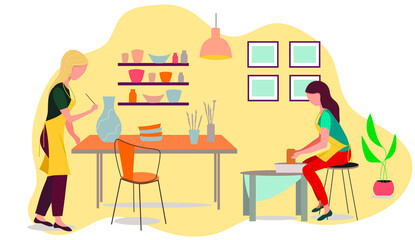 pottery, person, creative, pot, potter, character, handmade, hobby, man, earthenware, create, cartoon, flat, vector, worker, clay, wheel, craft, artist, handicraft, skill, illustration, workshop, work