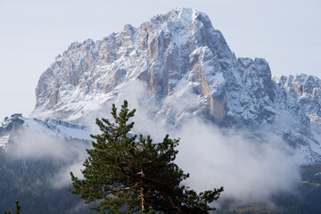 Fototapeta na wymiar Massif of the Langkofel - Sasso Lungo seen from wolkenstein near stevia hut in the Dolomites Alps, Italy 2020