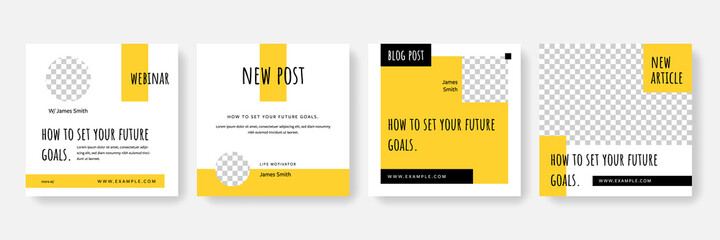Minimal social media templates for bloggers and influencers, yellow square layouts for article promotion, seo specialists