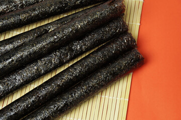 Crispy dried seaweed snacks , copy space, taken from the top corner.