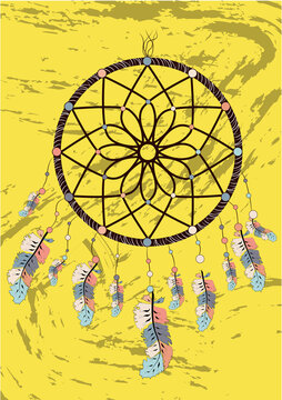 Native american indian dream catcher traditional symbol. Bright card card with colored feathers and beads.
