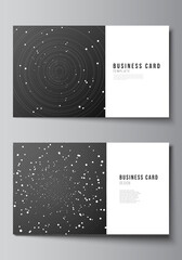 Vector layout of two creative business cards design templates, horizontal template vector design. Tech science future background, space design astronomy concept.
