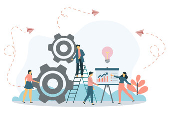 Flat Banner Inscription Team Building Cartoon. Men Spin Gear in General Mechanism. People Look at Work Others. Corporate Culture is Embedded in Management Company. Vector Illustration.