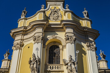 View of Lviv Greek Catholic Archbishop's Cathedral of Saint George (Ukr: Sobor sviatoho Yura, 1760) - magnificent Rococo architectural ensemble dating back to the XVIII century. Lviv, Ukraine.