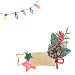 Watercolor hand drawn christmas decoration. Can be used as print, postcard, invitation, greeting card, packaging design, textile design, label, stickers, element design.