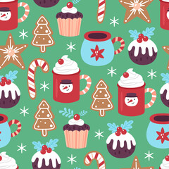 Seamless pattern for Christmas holiday with warm sweater, hat and mittens. Childish background for fabric, wrapping paper, textile, wallpaper and greeting cards. Vector Illustration