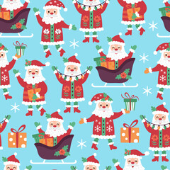 Seamless pattern for Christmas holiday with cute Santa Claus character. Childish background for fabric, wrapping paper, textile, wallpaper and greeting cards. Vector Illustration