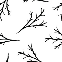 Black branches on a white background. Hand drawn illustration. Vector seamless pattern. Design for fabric, card, print, wrapping. 