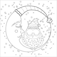 Coloring book for adult and older children. Coloring page with an owl on the moon among the stars.