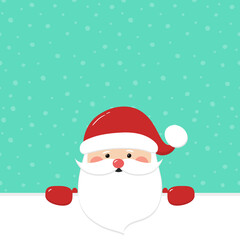 Happy Santa Claus on background with snowflakes and copyspace. Christmas decoration. Vector