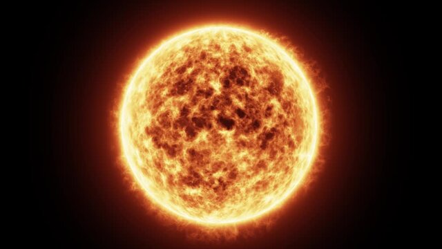 Highly detailed 3D VFX render of the whole of the Sun, with bright high energy solar storms and coronal mass ejections