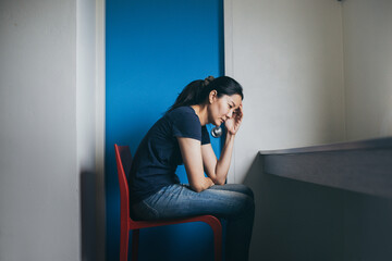 Fototapeta premium sad serious illness woman.depressed emotion panic attacks alone sick people fear stressful.crying begging help.stop abusing domestic violence,person with health anxiety, bad frustrated exhausted