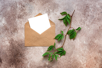 Blank card mockup in brown envelope, branch with wild winerad leaves . Spring stationery still life. Top view, flat lay, copy space.