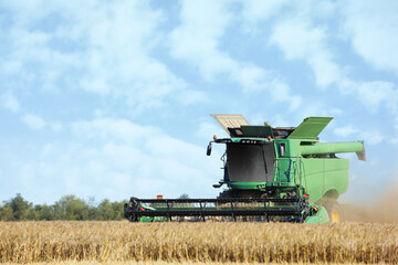 Fototapeta na wymiar Modern combine harvester working in agricultural field