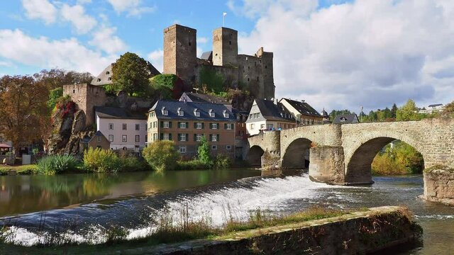 Romantic Runkel on the Lahn with old bridge and castle ruins
