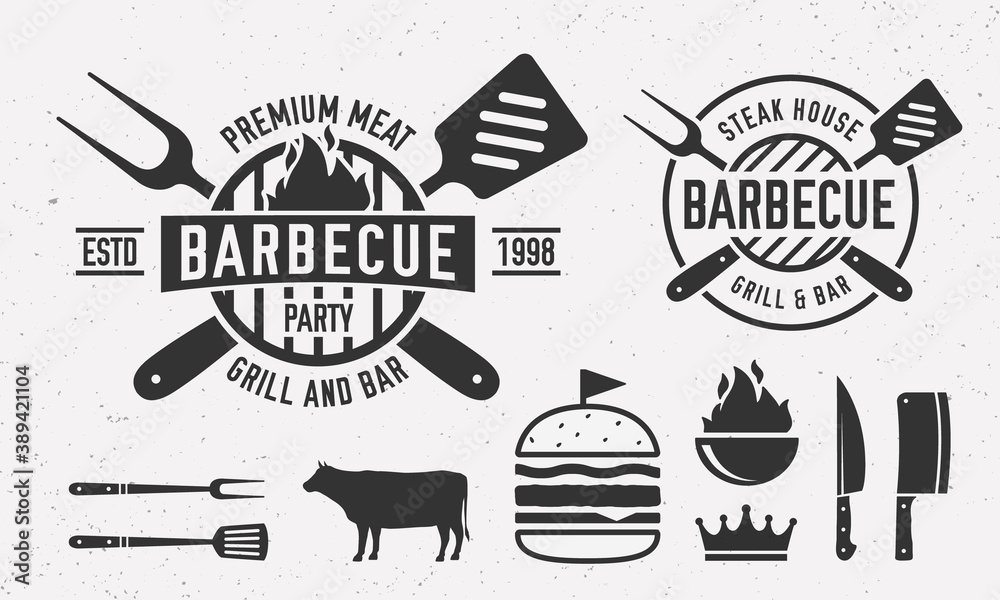 Wall mural vintage barbecue logo with bbq utensils. steak house logo template with grill fork, spatula, burger,