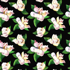 White flowers hand drawn seamless pattern. Gardenias on black background. Magnolias, roses with green leaves watercolor texture. Botanic wrapping paper, floral wallpaper design