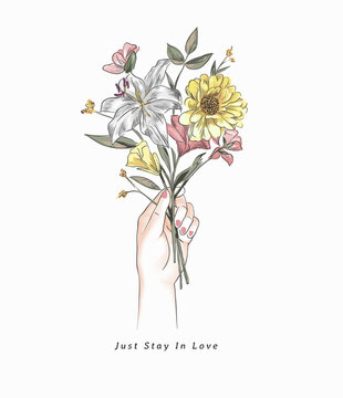 In Love Slogan With Hand Holding Flower Bouquet Illustration