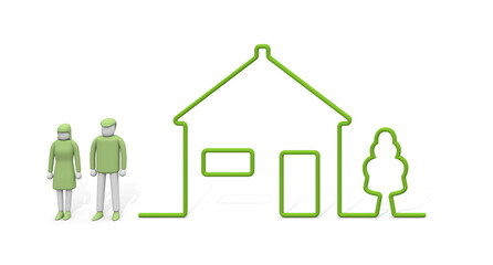 A house drawn with lines. House and wood. Simple men and women..New life concept.