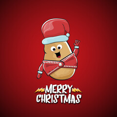 vector rock star Santa Claus potato funny cartoon cute character with red Santa hat and calligraphic merry Christmas text isolated on the red background. Rock n roll funky Christmas party banner