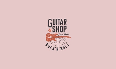 Obraz premium Guitar shop - textured logo, emblem. Trendy modern rock music logo design. Electric guitar with star, lightning and light rays isolated on a pink background. Print for t-shirt. Vector illustration
