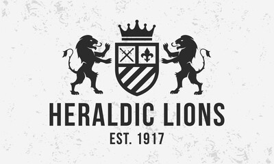 Royal vintage logo. Heraldic crest  template logo with standing lions . Modern design poster. Label, badge, emblem for Coat of Arms, Vintage Crest, Luxury logo. Vector illustration