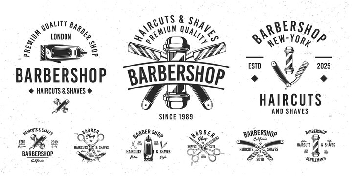 Barbershop vector logo set. Set of 9 retro monochrome emblems. Vintage templates for interior design, t-shirt prints, signboards, posters. Barber hipster labels. Haircut elements. Vector illustration