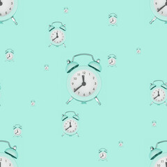 Old alarm clocks. Seamless background from alarm clocks. Clock pattern.