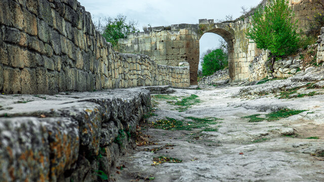 Ancient stone road. Museum Residency of Crimean Khan. Old muslim cemetery. Muslim culture Bakhchisaray, Crimea.