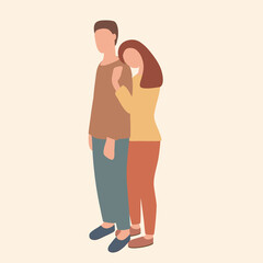 A couple in love are standing next to each other. The girl hugs the guy. Full length characters. Flat cartoon vector illustration.