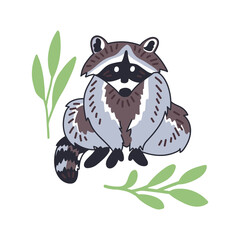 Raccoon vector illustration. Hand drawn cute Procyon lotor. Сomposition with leaves on white background.