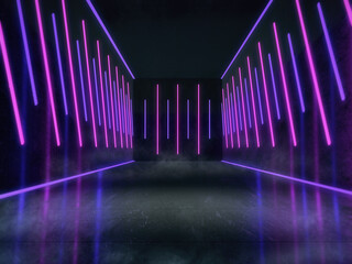 Empty space for products show in dark room with Neon lights. 3d rendering.