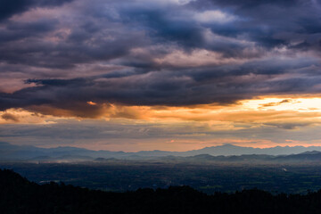 Majestic sunset in the mountains landscape. Dramatic sky.