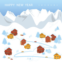 Fototapeta na wymiar Christmas card. Snow-covered mountain settlement, ski resort. Bright houses, red and yellow Between them a winding road with cars.