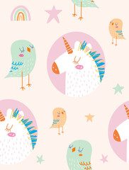 Funny Hand Drawn Seamless Vector Pattern with Cute Little Birds nad White Unicors Isolated on a Light Cream Background. Simple Infantile Style Nursery Art ideal for Card,Fabric. Magic World Print.