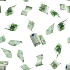 Fototapeta premium Euro coin seamless pattern falling banknotes. European money on white isolation background.