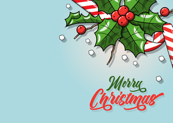 Merry Christmas with Mistletoe leaves and berries