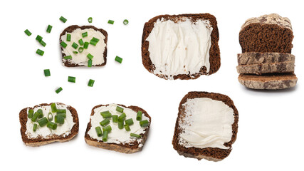 Brown bread and cheese isolated on white background.
