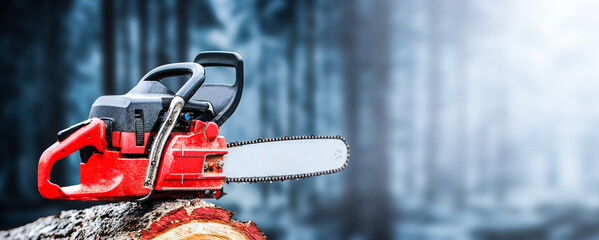 Winter forest and photo of chainsaw on wood. High quality photo