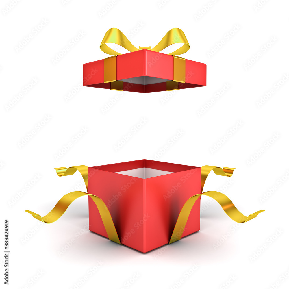 Poster open red gift box or present box with golden ribbon bow isolated on white background with shadow 3d 