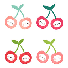 Cute cherry fruit kawaii face vector illustration, berry icons