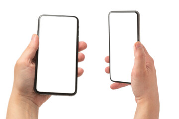 Smart phone in man hand isolated on white background.  White screen.