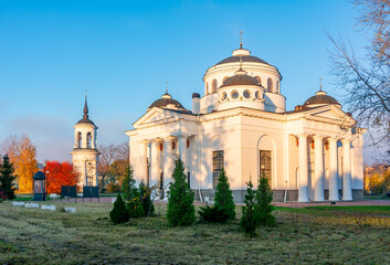 Fototapeta na wymiar Saint Sophia Cathedral and Bell tower in autumn, Pushkin, Saint Petersburg, Russia