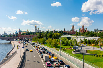 Fototapeta premium Moscow, Russia - August 2020: Kremlevskaya embankment with towers of Moscow Kremlin