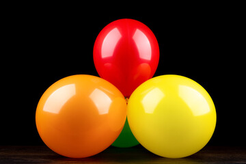 Red ball on top, orange and yellow on the sides.